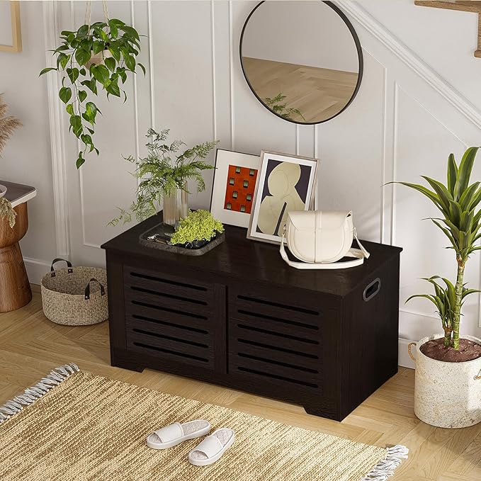 DINZI LVJ Storage Chest, 43.3â Wooden Toy Box with 2 Safety Hinges, Retro Entryway Shoe Storage Bench with Flip-Top, Sturdy Large Storage Trunk for Living Room, Bedroom, Easy Assembly, Espresso