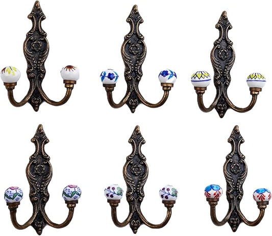 Indian Shelf Pack of 12 Heavy Duty Double Prong White Decorative Coat Hooks Unique Coat Rack Wall Mount Ceramic Wall Hooks for Hanging Towel Holder Backpack Purse Hanger- Style 11