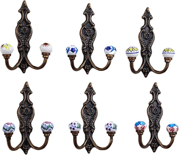 Indian Shelf Pack of 6 Heavy Duty Double Prong White Decorative Coat Hooks Unique Coat Rack Wall Mount Ceramic Wall Hooks for Hanging Towel Holder Backpack Purse Hanger- Style 11