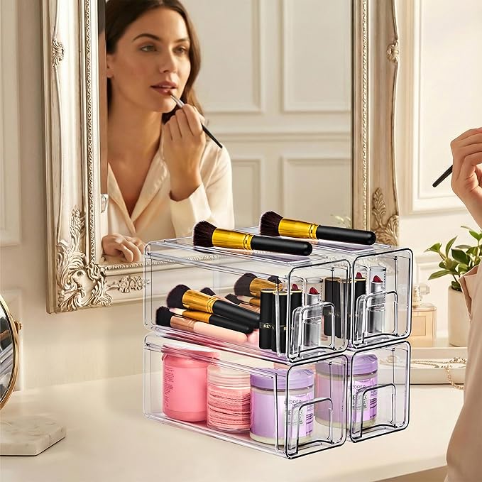 Sorbus Large Clear Stackable Storage Drawers 4-Pack Plastic Organizer Bins with Handles Pull-Out Drawers for Bathroom Closet, Medicine, Cabinet, Pantry Storage, Baby Bottle Organizer