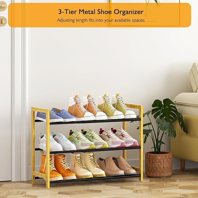 Expandable Shoe Rack for Closet,3 Tier Metal Shoes Shelf Organizer for Dorm,6-12 Pairs Small Standing Shoe Rack for Narrow Spaces,Entryway