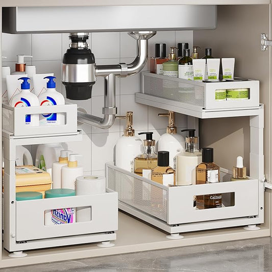 2 Pack Under Sink Organizer with Next-Gen Ball-Bearing Slides,2-Tier Pull Out Cabinet Storage,Height Adjustable Drawer Shelf for Bathroom,Kitchen,Laundry,Cabinet,Pantry(Patent Pending)