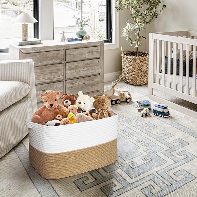 Extra Large Blanket Basket, 23.6"x15.7"x14.1" Woven Blanket Storage for Living Room, Big Cotton Rope Kids Dog Toy Bin Box, Decorative Rectangle Pillow Holder, Baby Laundry Basket, Camel