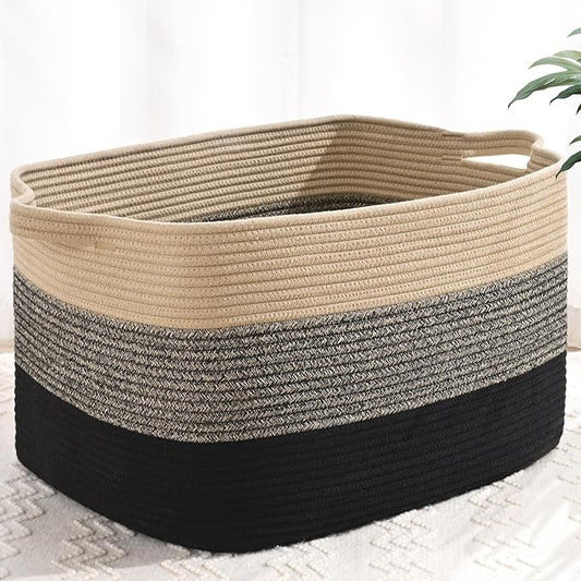 Large Blanket Basket, 60L Storage Baskets for Organizing, Woven Laundry Basket for Blankets, Cotton rope Blanket Storage for Living Room, Nursery Room, 19.7"L x 15.74"W x 11.8"H, Brown & Black