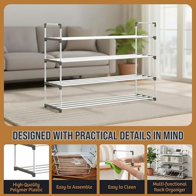 Shoe Rack - 4-Tier Shoe Organizer for Closet, Bathroom, Entryway - Shelf Holds 20 Pairs Sneakers, Heels, Boots by Home-Complete (White)