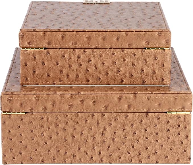 HofferRuffer Square Decorative Boxes, Set of 2 Nesting Storage Memory Keepsake Boxes with Lids, Stylish PU Leather Trinket Jewelry Organizer Box for Home Decor and Storage (Camel Ostrich)