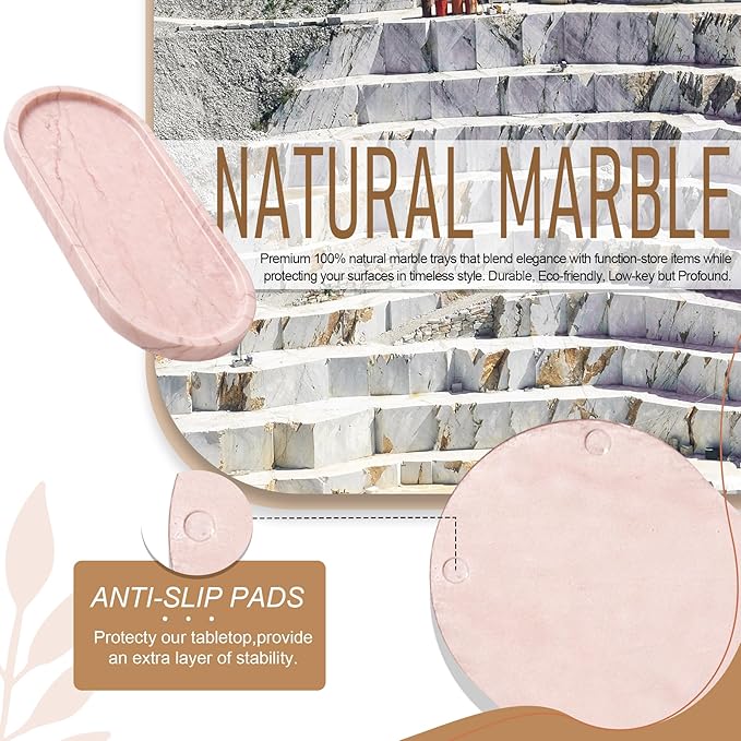 Natural Marble Tray, Pink Stone Tray, Vanity Decorative Tray for Countertop, Catchall for Perfume, Candles, Skincare, Jewelry Dish, Bathroom Tray, Hotel Supplies