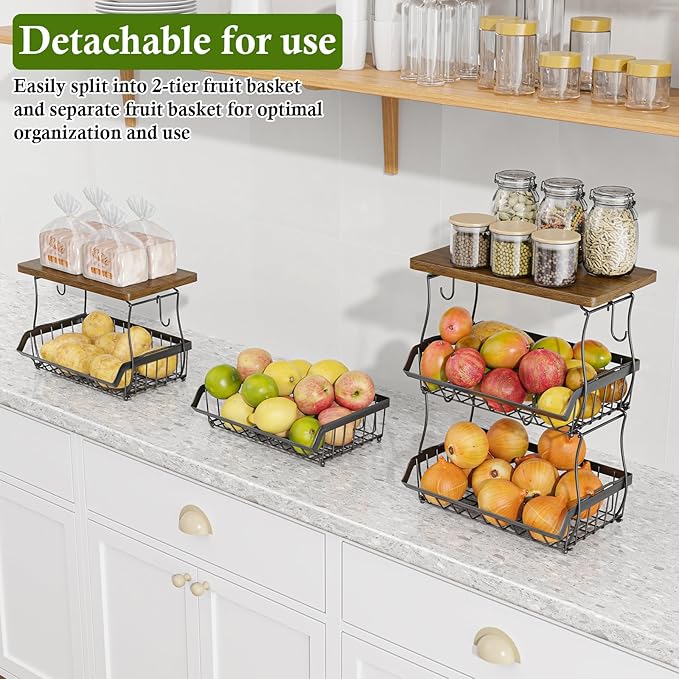3-Tier Fruit Basket for Kitchen Counter with Banana Hangers, Countertop Organizer Fruit Bowls with Wood Top, Fruit Storage Basket Stand for Storage Potato Onion Bread Snack Fruit Veggie