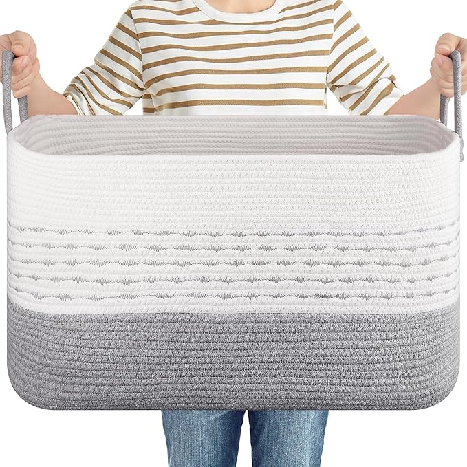Large Blanket Basket for Living Room, 75L Woven Storage Baskets for Organizing, Rectangle Cotton Rope Toy Basket With Handles-Grey & White