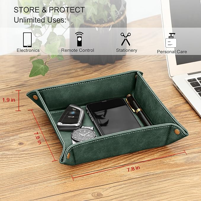 SITHON Valet Tray Desktop Storage Organizer â Premium PU Leather Catchall Bedside Vanity Tray Nightstand Caddy Holder for Keys, Phone, Wallet, Coin, Valentine's Day Gift, Dark Green