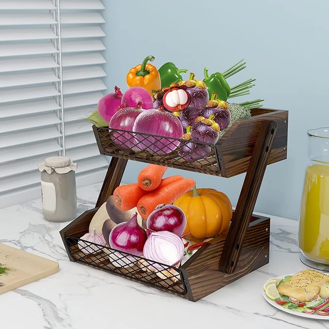 Dorhors Fruit Basket for Kitchen, 2 Tier Fruit Bowl,Kitchen Counter Organizer,Wooden Vegetable Holder for Countertop,Bread Storage Basket Stand