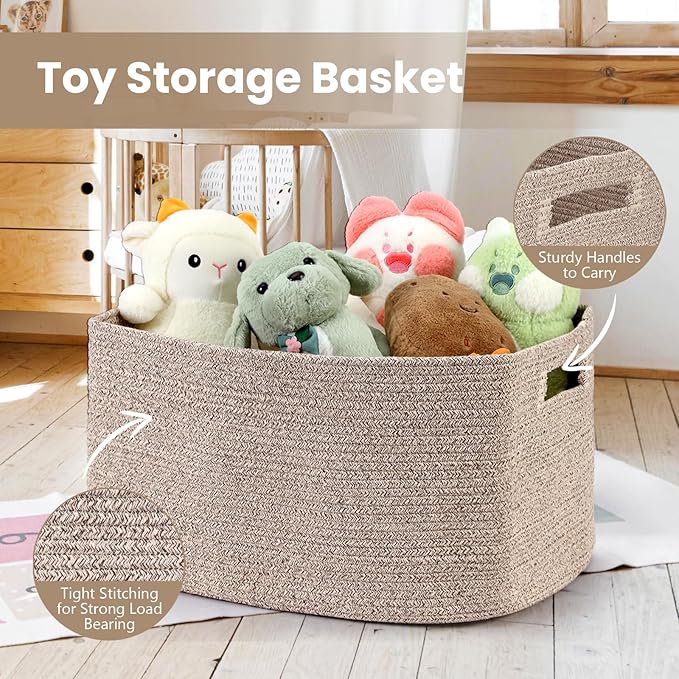 95L Large Blanket Basket, Woven Storage Baskets with Reinforced Handles, Rope Laundry Basket for Living Room, Bedroom, Nursery, Toys, Clothes,Pillows, 24â x 17â x 13.5â, Brown