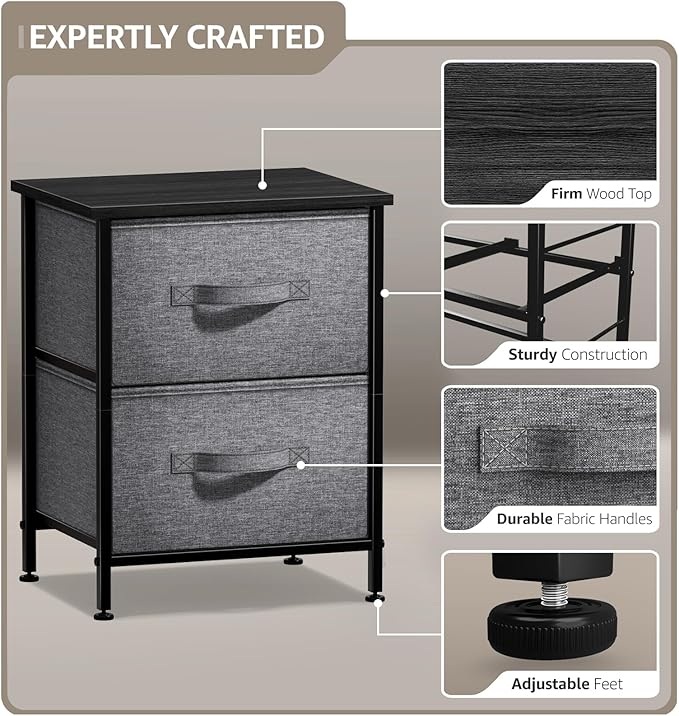 Sorbus Nightstand with 2 Drawers - Bedside Furniture End Table Night Stand with Steel Frame, Wood Top & Easy Pull Fabric Bins - Small Dresser & Chest for Home, Bedroom Accessories & Office