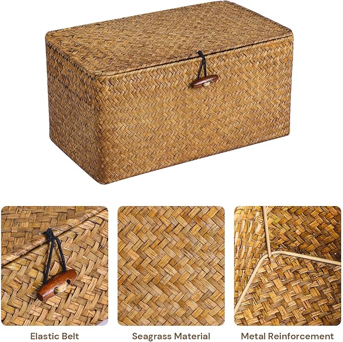 Decorative Storage Basket with Lid Set of 3,Woven Seagrass Storage Bins for Shelves for Organizing, Rectangular Baskets for Decoration, Picnic, Groceries and Toy Storage