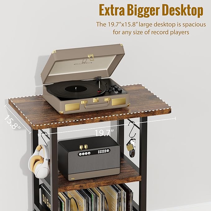 Record Player Stand with Extended Desktop,Large Record Player Table with Vinyl Storage,Tall Turntable Stand with Record Holder Vinyls Display Shelf for Music Room Studio, Rustic Brown