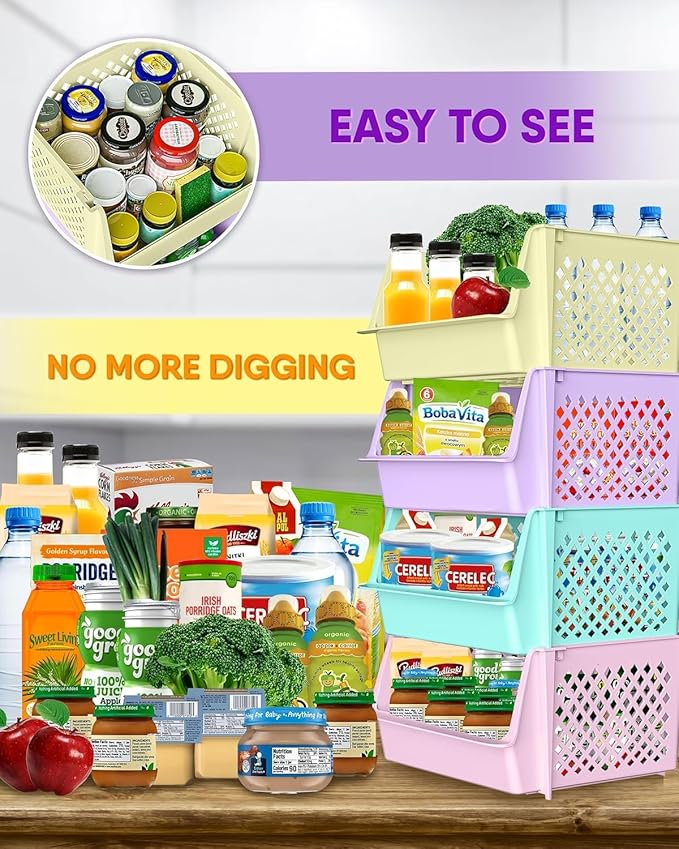 TidyFriend Stackable Storage Bins for Pantry - 8 Pack Stackable Bins for Organizing Food, Kitchen, and Bathroom Essentials (Multi)