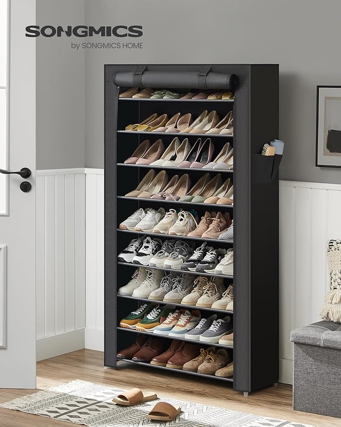 SONGMICS 10-Tier Shoe Rack, Shoe Storage Cabinet with Dustproof Cover, Free-Standing Shoe Storage Organizer for Closet, Entryway, Hold 40-50 Pairs of Shoes, for Sneakers, High Heels, Black URXJ36HV1