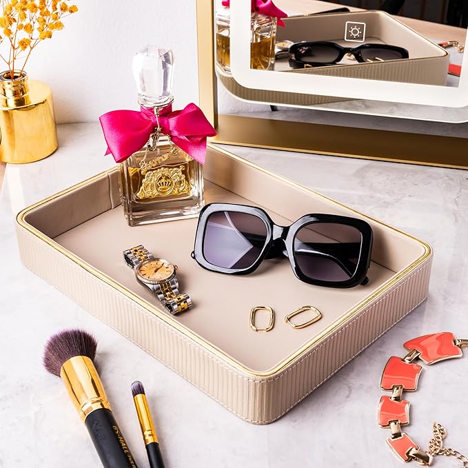 ZHEM Women Perfume Tray Valet Tray NightStand Bedside Organizer| Perfume Organizer Holder| Decorative Perfume Trays| Leather Vanity Tray Catchall Trinket Tray (Beige 8"x11"x1.75")