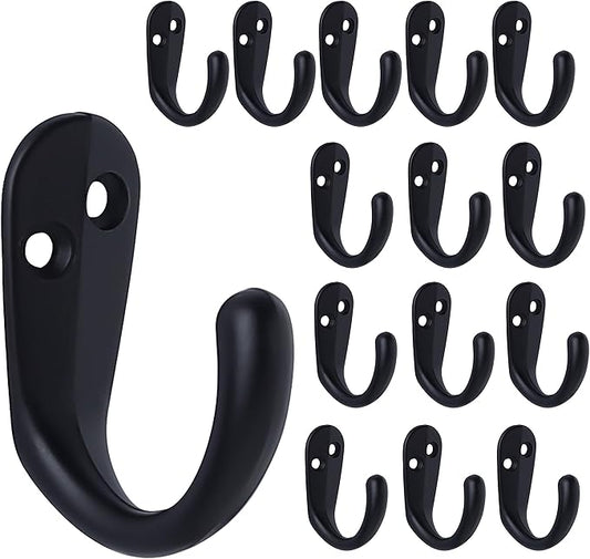 IBosins 15PCS Coat Hooks Wall Mounted Single Prong Robe Hook for Hanging Towel Hooks with 30 Screws for Bags, Hat, Cap, Scarf, Cup (Black)