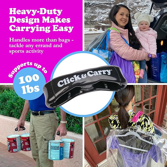 Click & Carry Grocery Bag Carrier Handle - Carry More in Fewer Trips, 100lb Capacity, Hands-Free, Gel-Padded Ergonomic Design, Shopping & Grocery Bag Holder - As Seen On Shark Tank, Black, 1 Pack