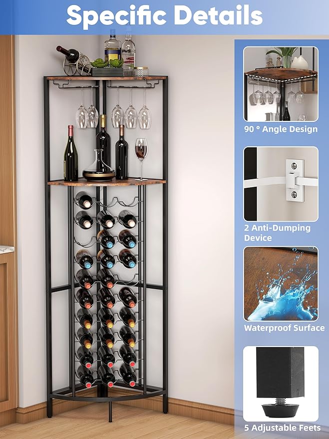 Corner Wine Rack with Led Strip Light Freestanding Floor with Wine Glass Holder 30 Bottle Wine Holder Rack Industrial Corner Liquor Cabinet Bar for Home Bar Kitchen Living Room (Rustic Brown)