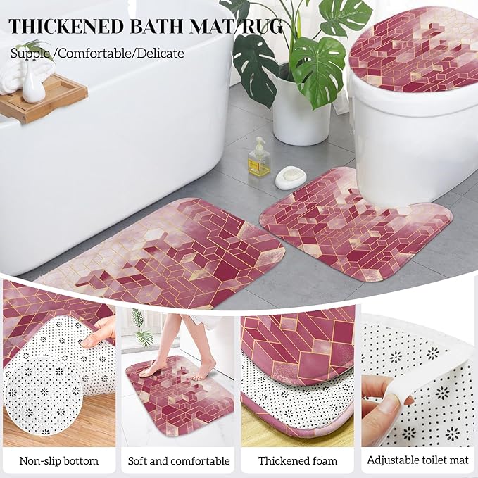 Lnond Red Bathroom Set, Red Abstract Cubes Bathroom Accessories Sets Complete, Luxury Restroom Set with Shower Curtain and Rugs, Trash Can, Toilet Brush Holder Set & Soap Dispenser