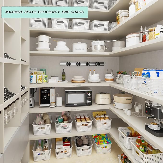Plastic Storage Basket for Organizing 12 Pack Small Storage Bins Container for Shelves, White Shelf Baskets with Handles for Organization