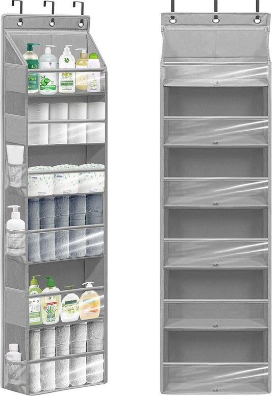 Over Door Organizer with 6 Extra Large Pockets 12 Side Pockets, Sturdy Closet Storage Rack, Hanging Storage Organizer with Clear Window for Shoes, Diapers, Toys, Bedroom, Bathroom, Grey