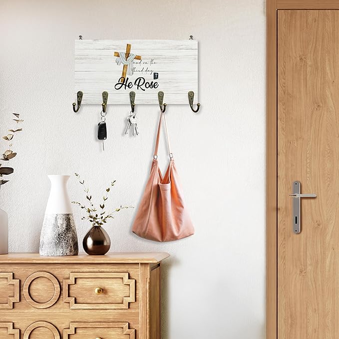 Easter He is Rise Key Holder for Wall 10"x5.12", Christ Jesus Bible Key Hanger Wall Mount, Christian Religious Cross Rustic Wooden Hanging Keys Holder Decor for Entryway Front Door（5 Hooks）