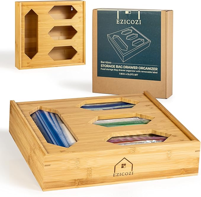 Durable Storage Solution with Kitchen Drawer Organizer - Durable Bamboo Material, 4 Storage Compartments, For Ziplock Gallon, Snack, Sandwich, and Quart Bags, Complete with Label Stickers
