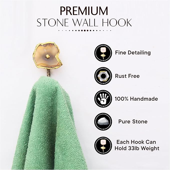 Indian Shelf Pack of 6 Stone Wall Hooks Decorative Modern - Multicolor Agate Coat Hook Wall Mounted - Stone Decorative Towel Hooks for Bathrooms - Agate Wall Key Hooks