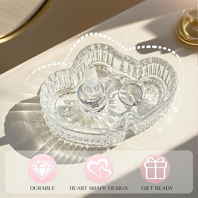 kanpura Double Heart Shape Decorative Ring Tray Crystal Glass Trinket Tray Jewelry Dish Organizing Necklace Earrings Birthday Mother's Day Gifts for Mom Best Friend Sister, Clear
