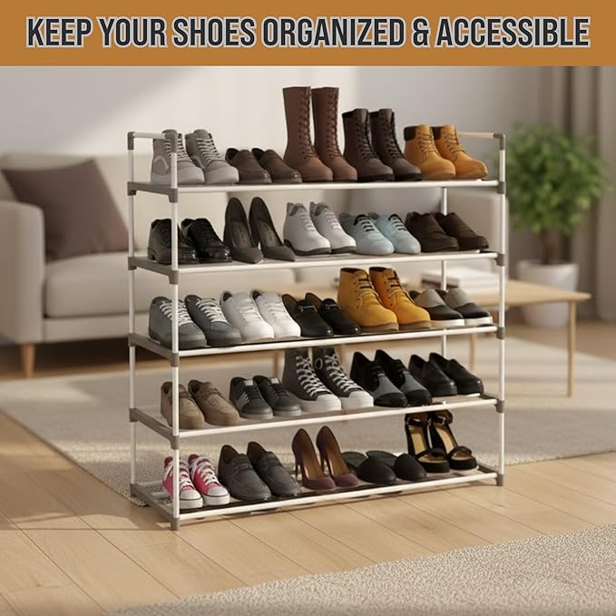 Home-Complete Shoe Rack – 5-Tier Shoe Organizer for Closet, Bathroom, Entryway – Shelf Holds 25 Pairs of Sneakers, Heels, and Boots (White)