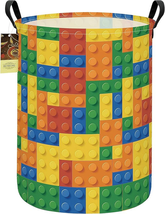 HUNRUNG Laundry Hamper,Large Canvas Fabric Lightweight Storage Basket Toy Organizer Dirty Clothes Collapsible Waterproof for College Dormsï¼Round-Colorful Blocksï¼