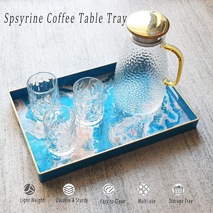Spsyrine Serving Tray, Plastic Rectangular Coffee Table Tray with Handles, Marble Decorative Tray for Living Room, Ottoman, Bathroom Decor. 15.6â X 10.2" HSRE