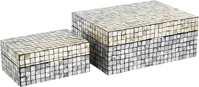 Deco 79 Mother of Pearl Shell Geometric Handmade Decorative Box Square Mosaic Storage Decorative Keepsake Box with Beige Accents, Set of 2 Storage Box 12", 8"W, Gray