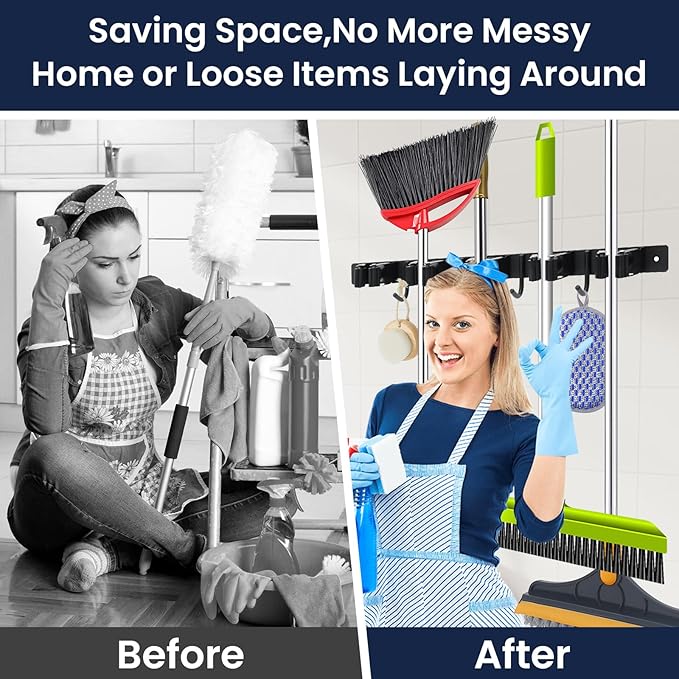 Piyl Mop and Broom Holder Wall Mount - 5 Racks and 4 Hooks Broom Hanger Mop Organizer Storage Tool Racks Stainless Steel Heavy Duty Utility Hooks for Home Kitchen Garden Laundry Garage Closet