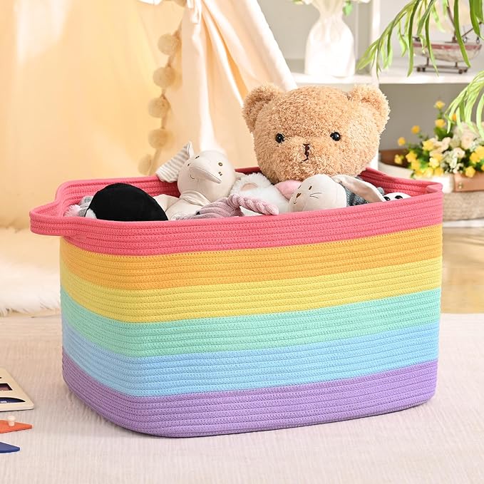 Large Blanket Basket, 100L Storage Baskets for Organizing, Woven Laundry Basket for Blankets, Cotton rope Blanket Storage for Living Room, Nursery Room, 24.8"L x 15.74"W x 15.74"H, Rainbow