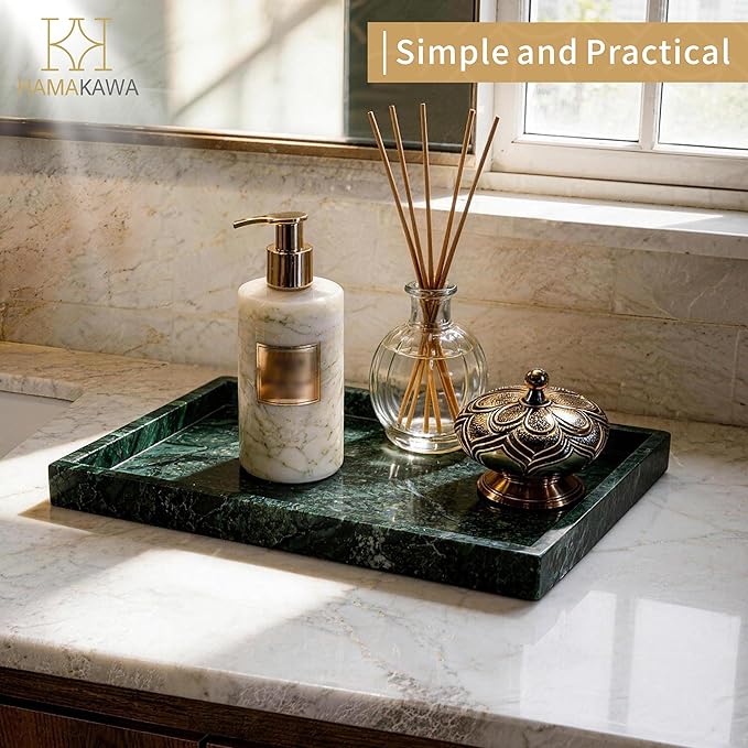 Large Bathroom Vanity Tray, Real Natural Marble Tray 12 inch, Emerald Green Marble Stone Toilet Tank Trays, Modern Dresser Trays, Countertop Organizer for Kitchen Counter, Soap Dispenser