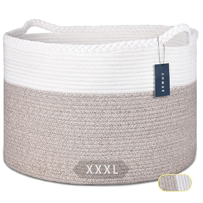 COMSE Extra Large Blanket Basket, Woven Laundry Basket, 21.7âx 13.8â, Nursery Hamper, Cotton Rope Laundry Hamper Living Room for Storage Toys Clothes Towels (White & Light Brown)