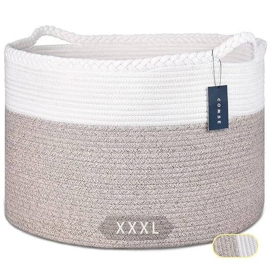 COMSE Extra Large Blanket Basket, Woven Laundry Basket, 21.7âx 13.8â, Nursery Hamper, Cotton Rope Laundry Hamper Living Room for Storage Toys Clothes Towels (White & Light Brown)