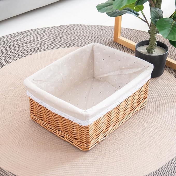 Willow Storage Basket with Linen Liner - 17.32 x 12.99 x 8.27 Inch Handwoven Decorative Bin for Home, Kitchen, Nursery - Rustic Organizer for Blankets, Toys, Fruits & More