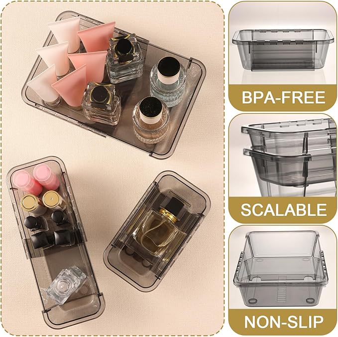 8 Pcs Mixed Extendable Clear Drawer Organizer, All Adjustable Vanity Storage Box, 3-Size Desk Drawer Organizer, Acrylic Storage Bins for Makeup, Bedroom Dressers Tool Organizer for Gadgets, Black