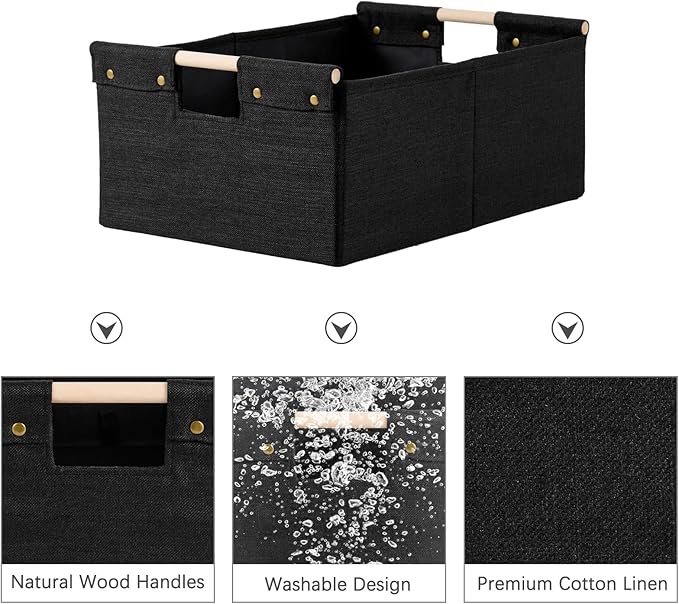 2PCS Storage Bins Cotton Linen Fabric Storage Boxes Basket with Wooden Handles Foldable Washable Decorative Shelf Container Closet Clothes Organizer Home Laundry (Medium Size, Black)