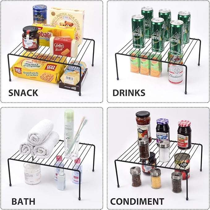 Set of 4 - Kitchen Storage Shelf Rack (13.1 x 10.2 Inch)/Plastic Feet - Medium - Steel Metal - Rust Resistant Finish - Cups, Dishes, Cabinet & Pantry Organization - Kitchen (Black)