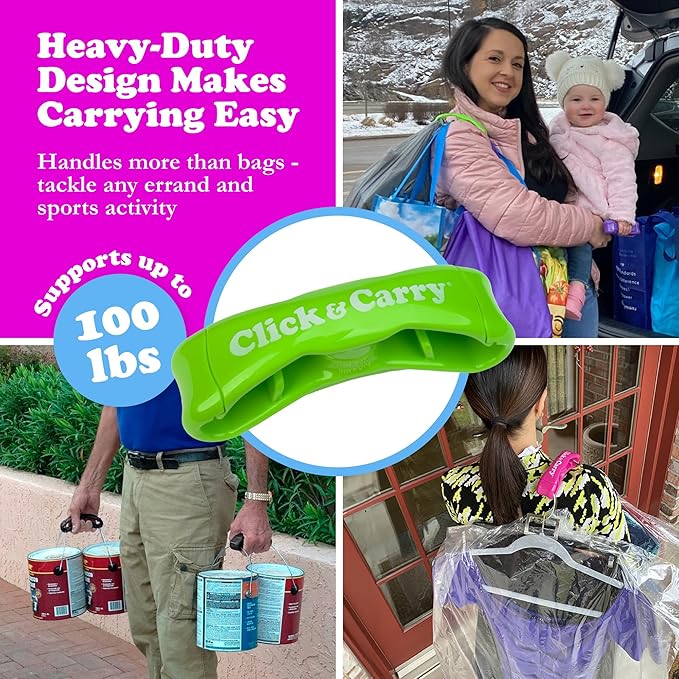 Click & Carry Grocery Bag Carrier Handle - Carry More in Fewer Trips, 100lb Capacity, Hands-Free, Gel-Padded Ergonomic Design, Shopping & Grocery Bag Holder - As Seen On Shark Tank, Green, 1 Pack