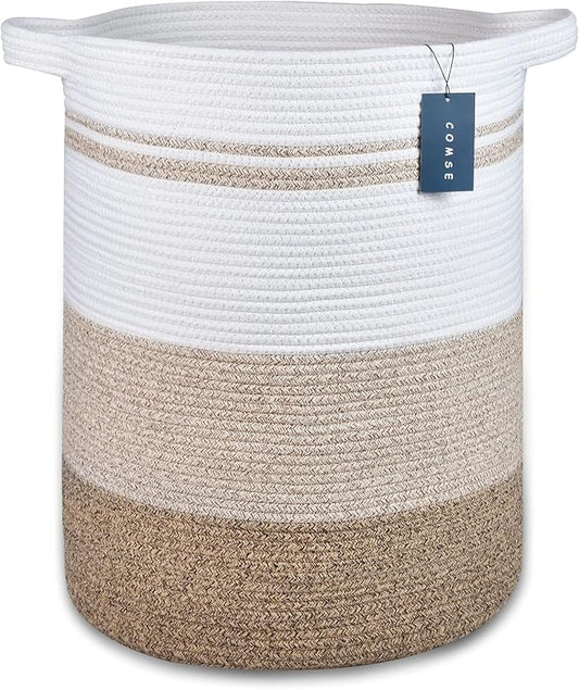 COMSE Extra Large Blanket Basket, Tall Laundry Basket, Nursery Hamper, 15.7âx 21.7â, Cotton Rope Woven Laundry Hamper for Storage Toys Clothes Towels, Gradient Brown