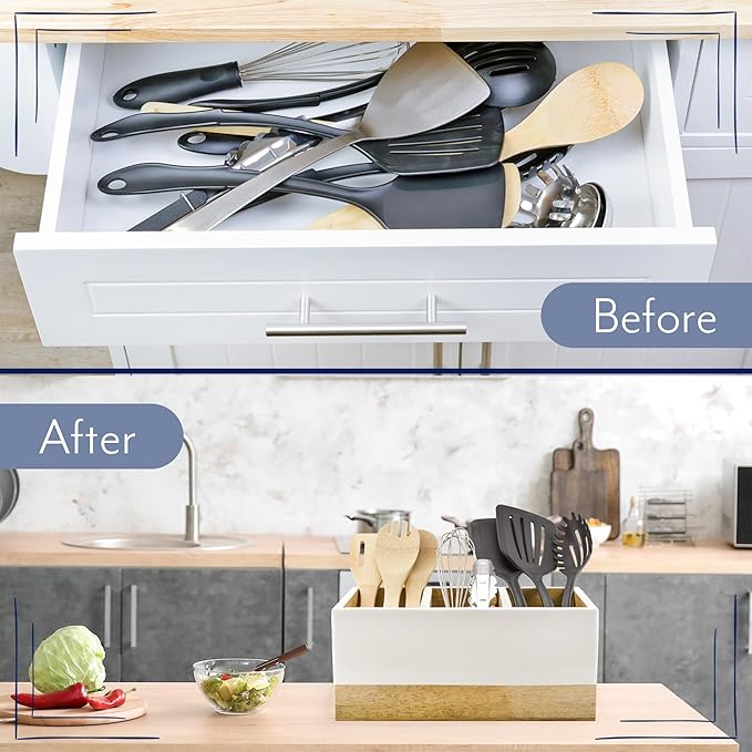 AuldHome Design Wood/Enamel Utensil Holder, Mango Wood 3-Compartment Farmhouse Cooking Caddy or Spoons/Forks/Knives Storage