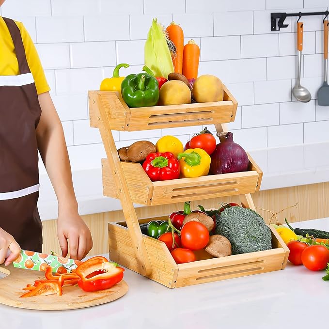 Fruit Basket, 3 Tier Bamboo Fruit Bowl for Kitchen, Stand Storage Holder, Heavy Duty/Large Capacity for Fruit, Vegetables Countertop Organizer