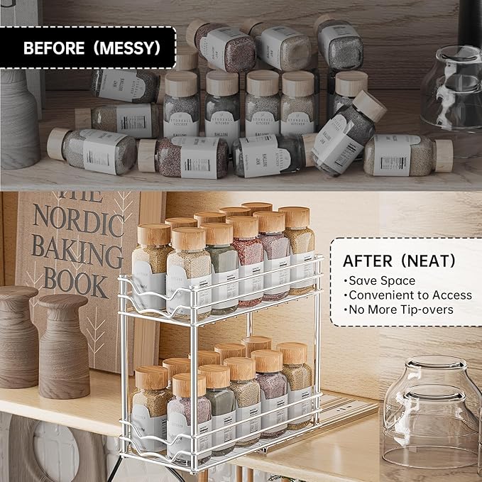 Pull Out Spice Rack Organizer for Inside Cabinet, 2 Tier Slide Out Spice Organization for Cabinet, Chrome Vertical Sliding Seasoning Organizer, 4.9'' Wx10.4'' Dx9.5'' H
